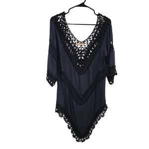 Paradise Navy Black Scoop Neck Crochet Beach Boho Tunic Blouse Top One Size